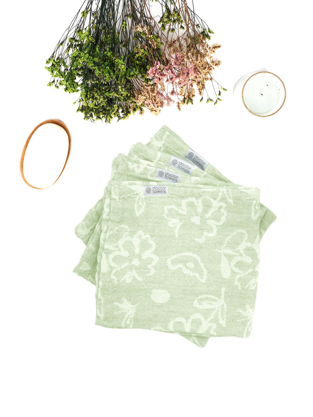 

Doctor Towels Pack Of 4 Floral Printed Breathable Handkerchief, Green