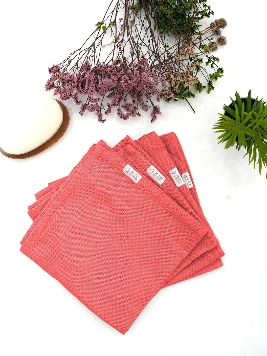 

Doctor Towels Men Pack Of 4 Striped Banana & Cotton Double Cloth Handkerchiefs, Red