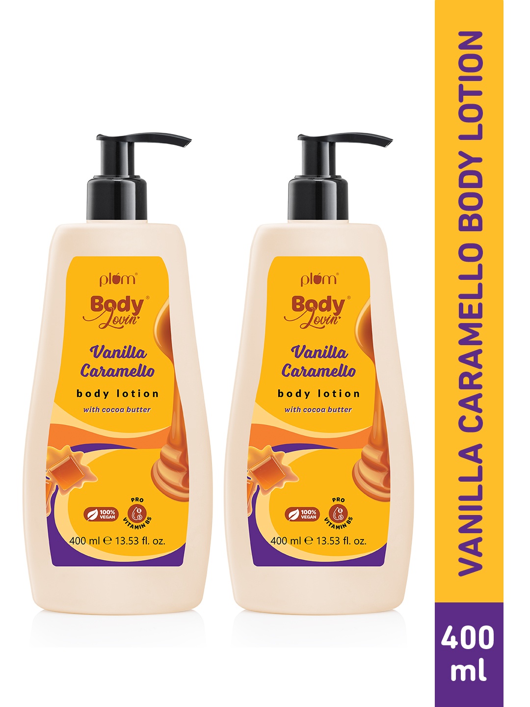 

Plum Set of 2 BodyLovin' Vanilla Caramello Body Lotion with Cocoa Butter - 400ml each, Yellow