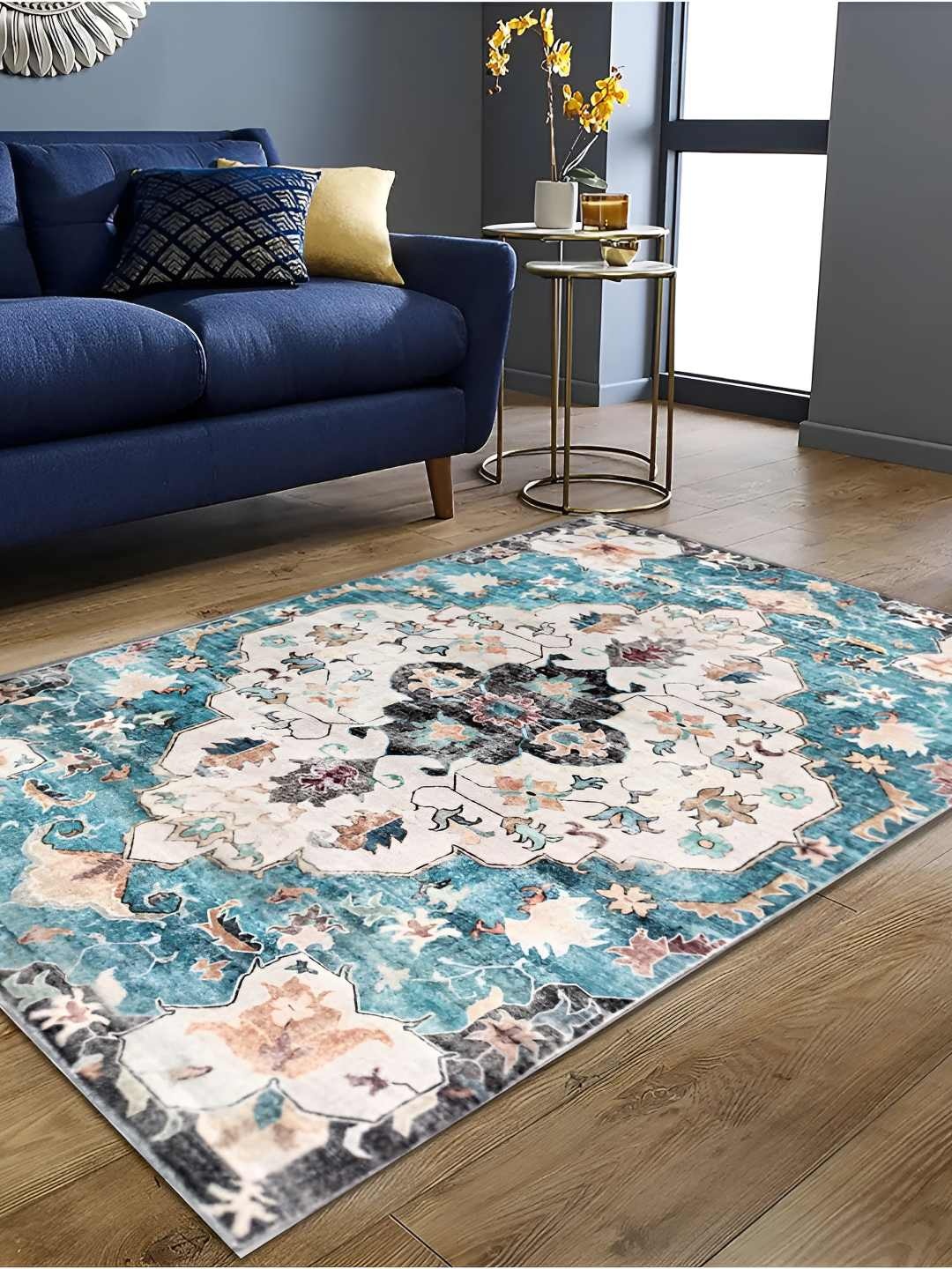 

Sapana Carpet-Mats Rio Blue Ethnic Motifs Printed Anti Skid Rectangle Contemporary Carpet