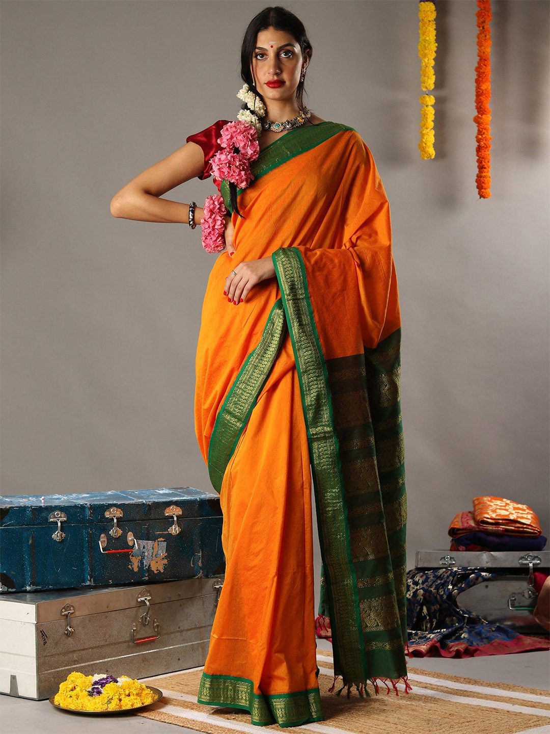 

Exotic India Zari Art Silk Saree, Orange