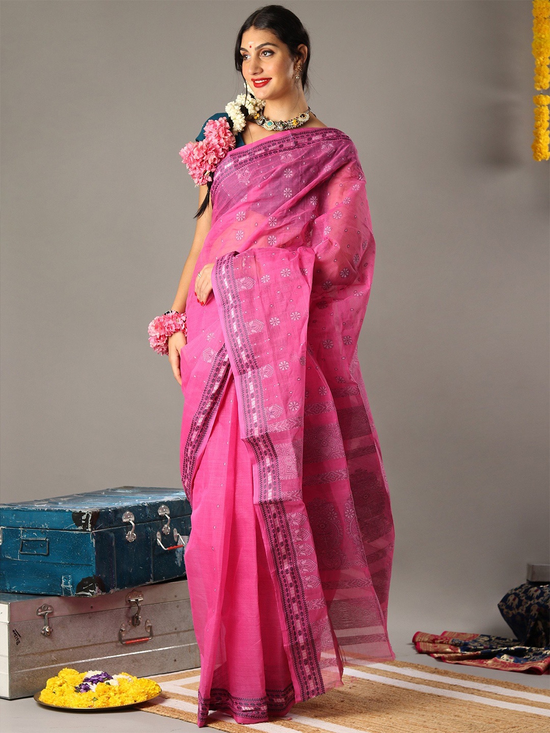 

Exotic India Floral Woven Phlox Pink Cotton Tant Saree