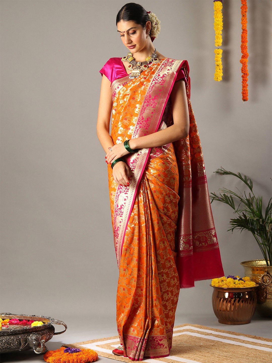

Exotic India Ethnic Motifs Zari Pure Silk Banarasi Saree, Orange