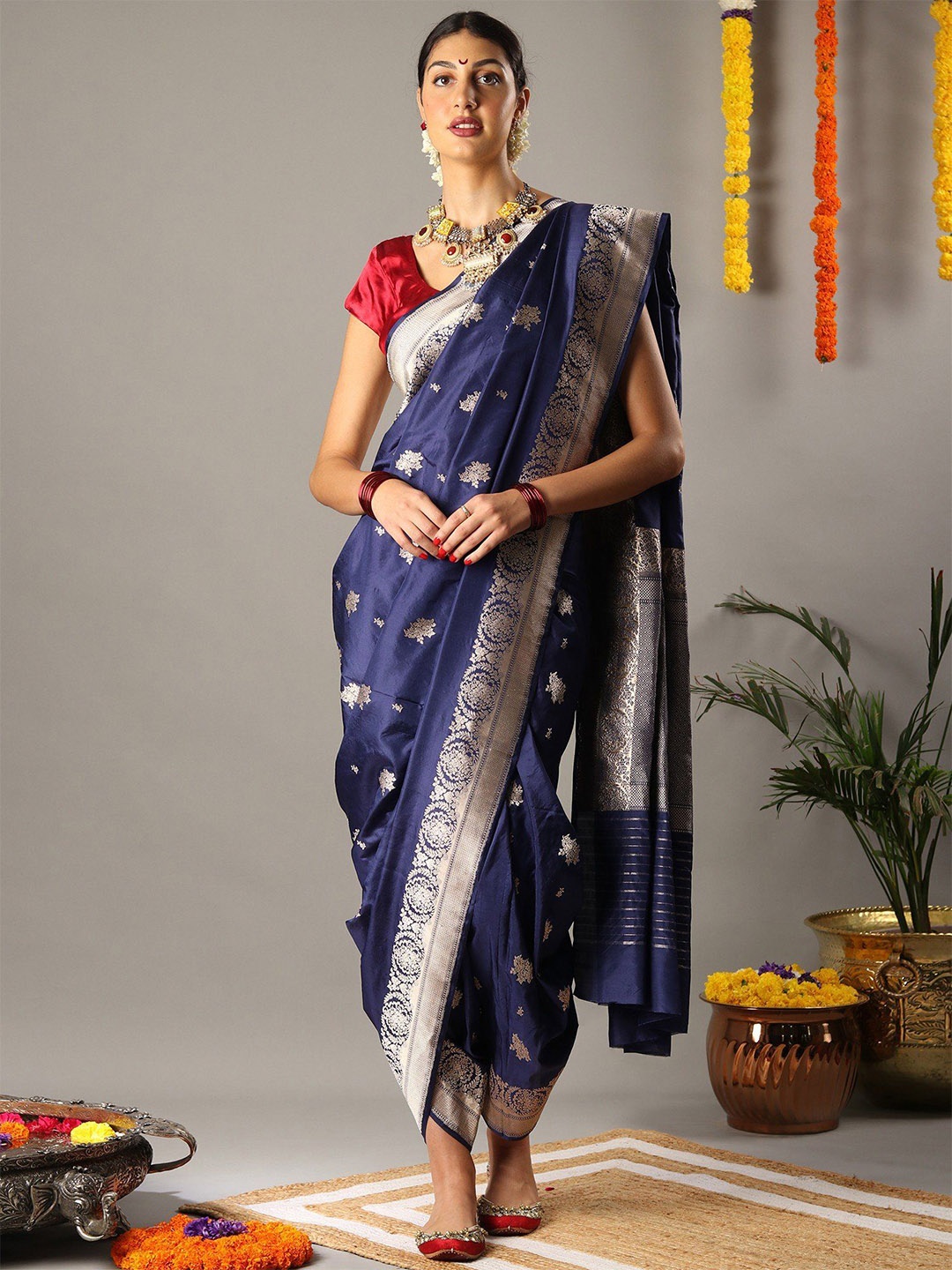 

Exotic India Ethnic Motifs Zari Pure Silk Banarasi Saree, Navy blue