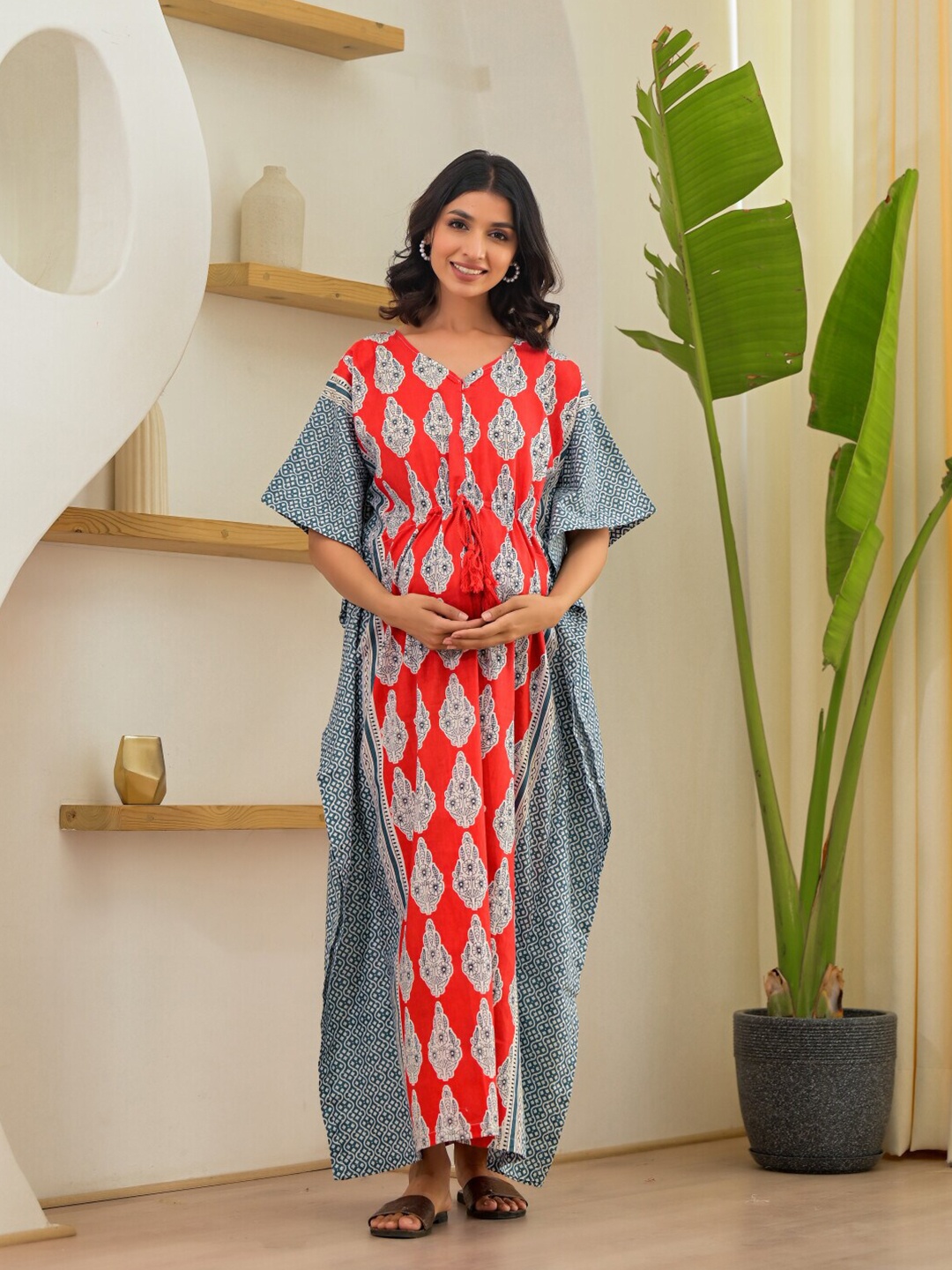 

Aujjessa Floral Print Flared Sleeve Maternity Kaftan Maxi Dress, Coral