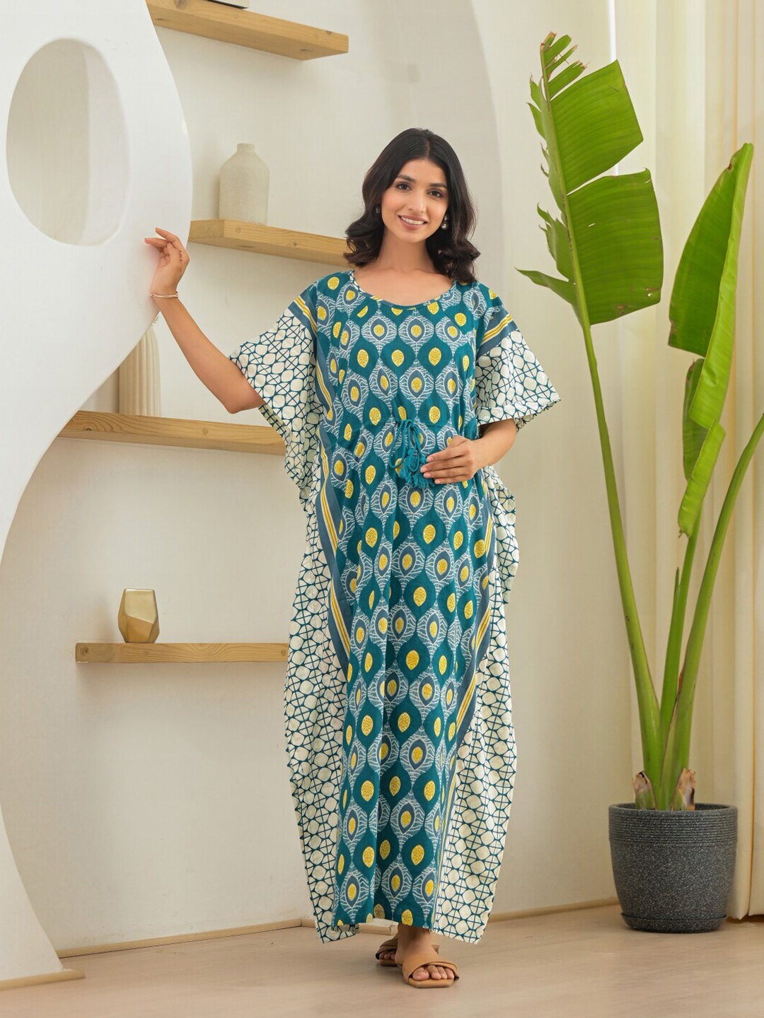 

Aujjessa Print Flared Sleeve Maternity Kaftan Maxi Dress, Teal