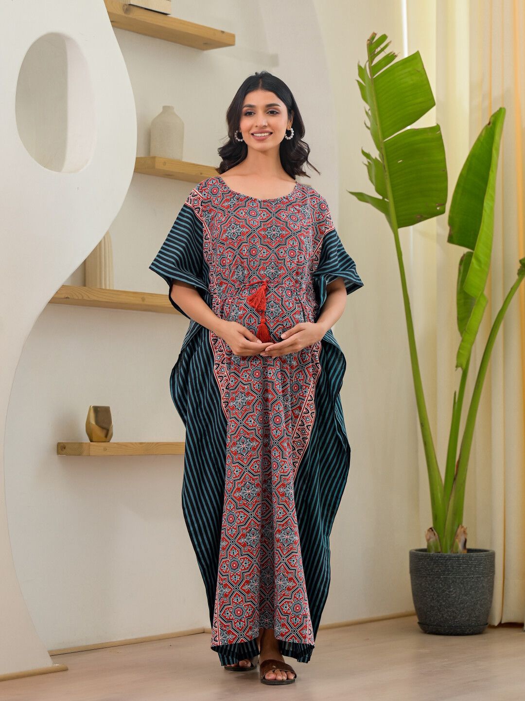 

Aujjessa Ethnic Motifs Print Flared Sleeve Maternity Kaftan Maxi Dress, Maroon