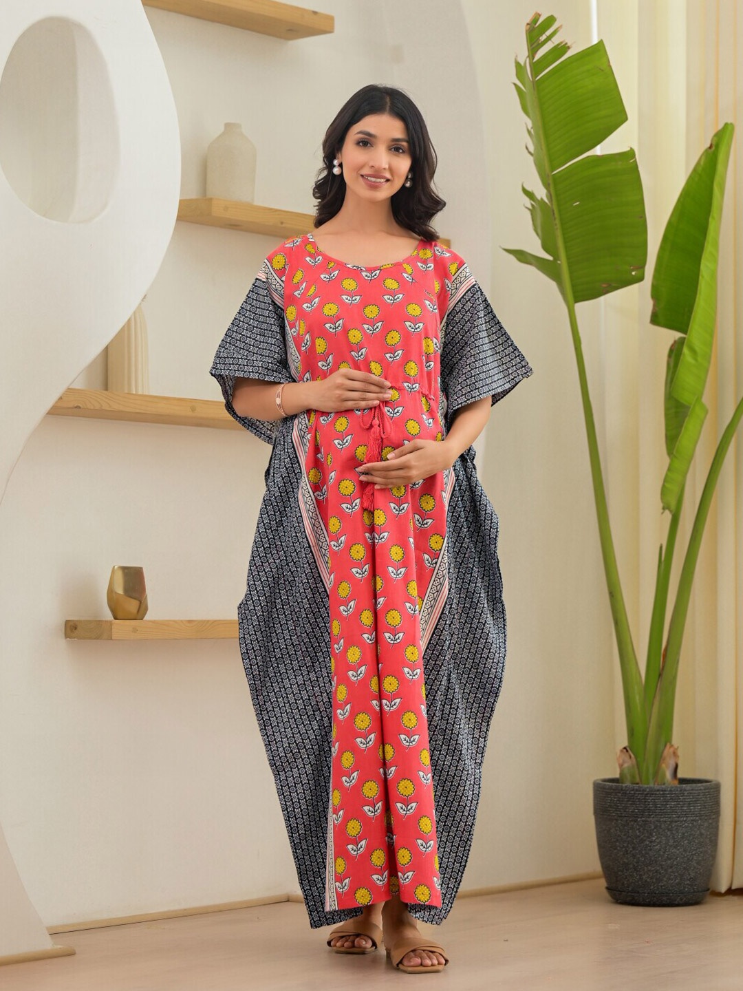 

Aujjessa Floral Print Flared Sleeve Maternity Kaftan Maxi Dress, Coral