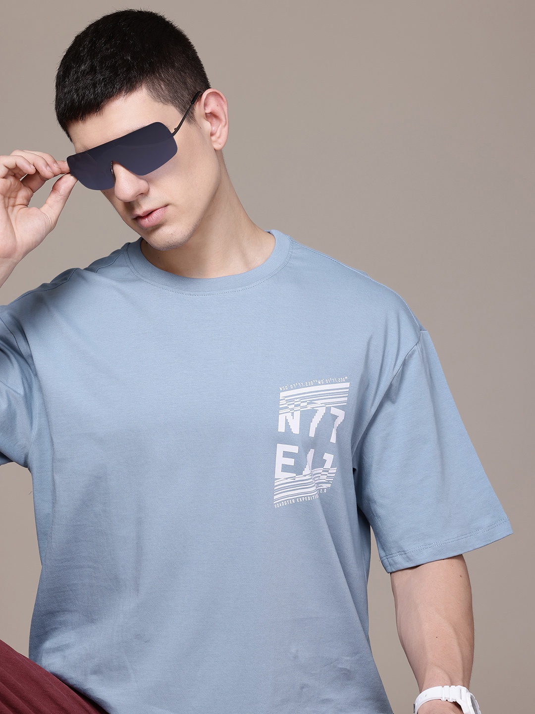 

The Roadster Lifestyle Co. Oversize Drop-Shoulder Sleeves Pure Cotton T-shirt, Blue