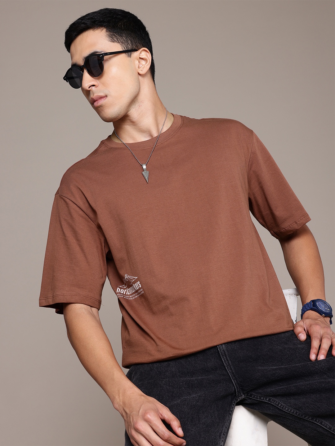 

The Roadster Lifestyle Co. Drop-Shoulder Sleeves Pure Cotton Relaxed T-shirt, Brown