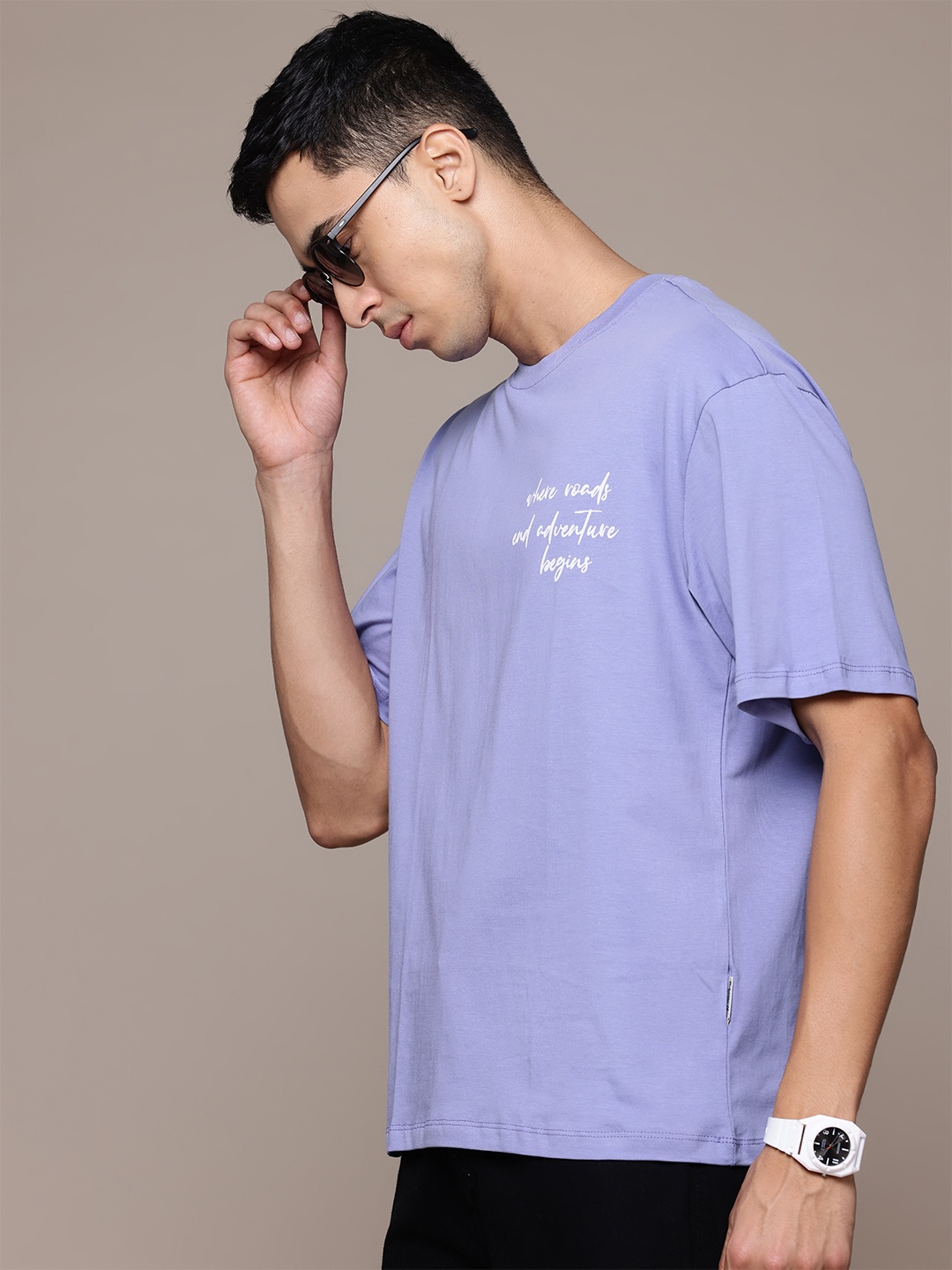 

The Roadster Lifestyle Co. Drop-Shoulder Relaxed Fit Pure Cotton T-shirt, Blue