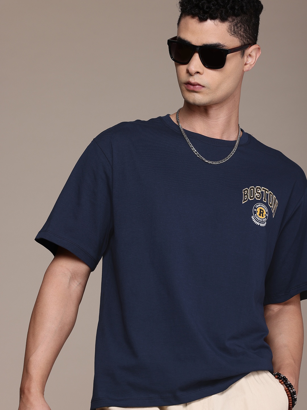 

The Roadster Lifestyle Co. Drop-Shoulder Sleeves Pure Cotton Relaxed T-shirt, Navy blue