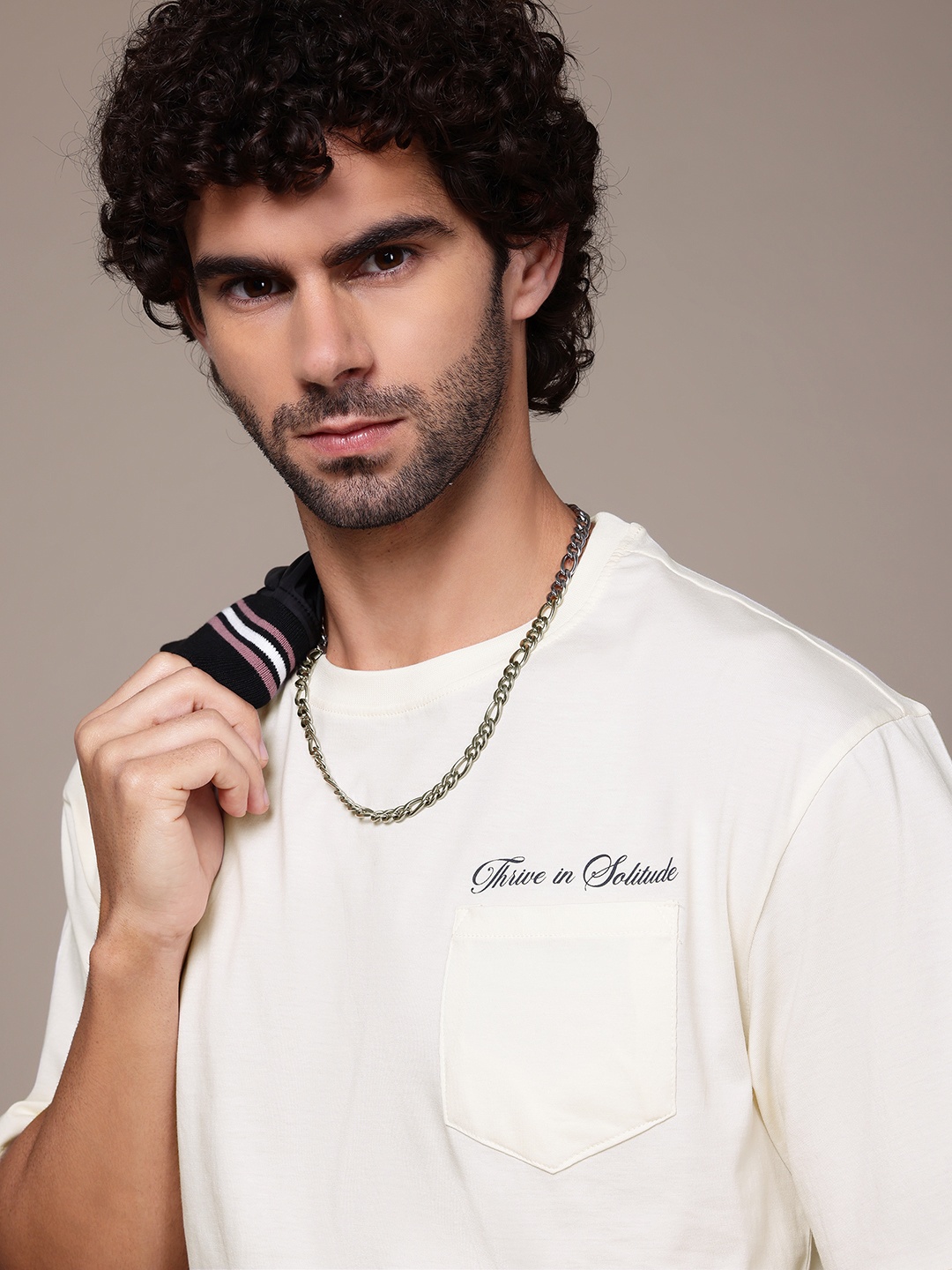 

The Roadster Lifestyle Co. Drop-Shoulder Sleeves Pure Cotton Relaxed T-shirt, Cream