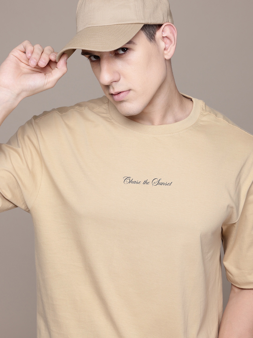 

The Roadster Lifestyle Co. Drop-Shoulder Sleeves Pure Cotton T-shirt, Beige