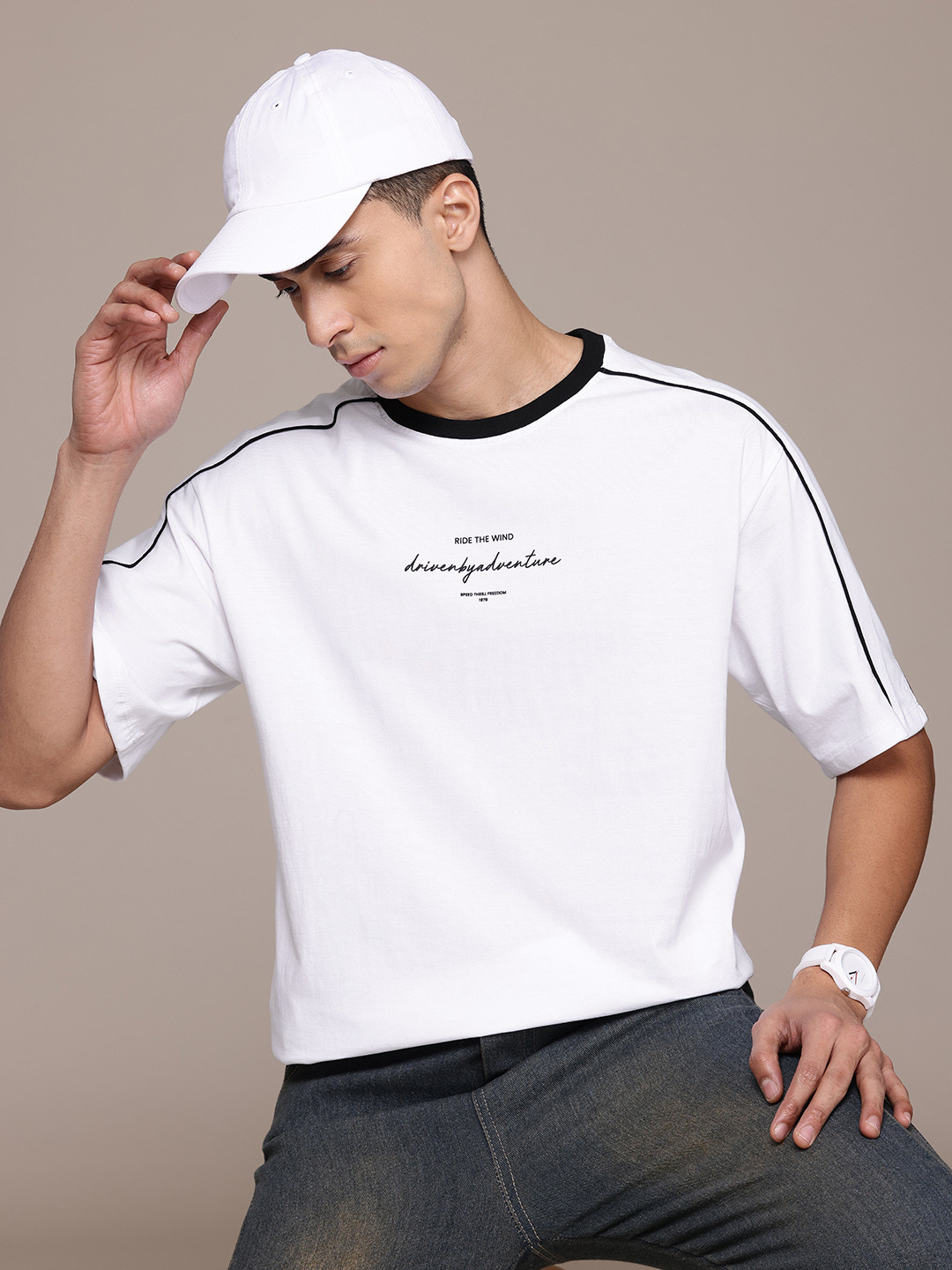 

The Roadster Lifestyle Co. Typography Print Drop-Shoulder Sleeves Pure Cotton T-shirt, White