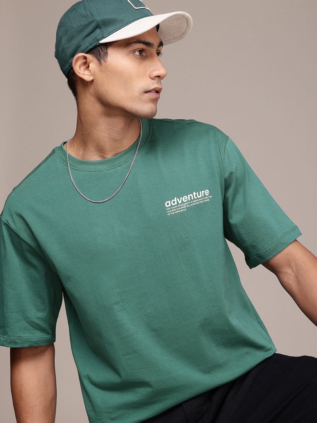 

The Roadster Lifestyle Co. Drop-Shoulder Sleeves Pure Cotton Relaxed T-shirt, Green