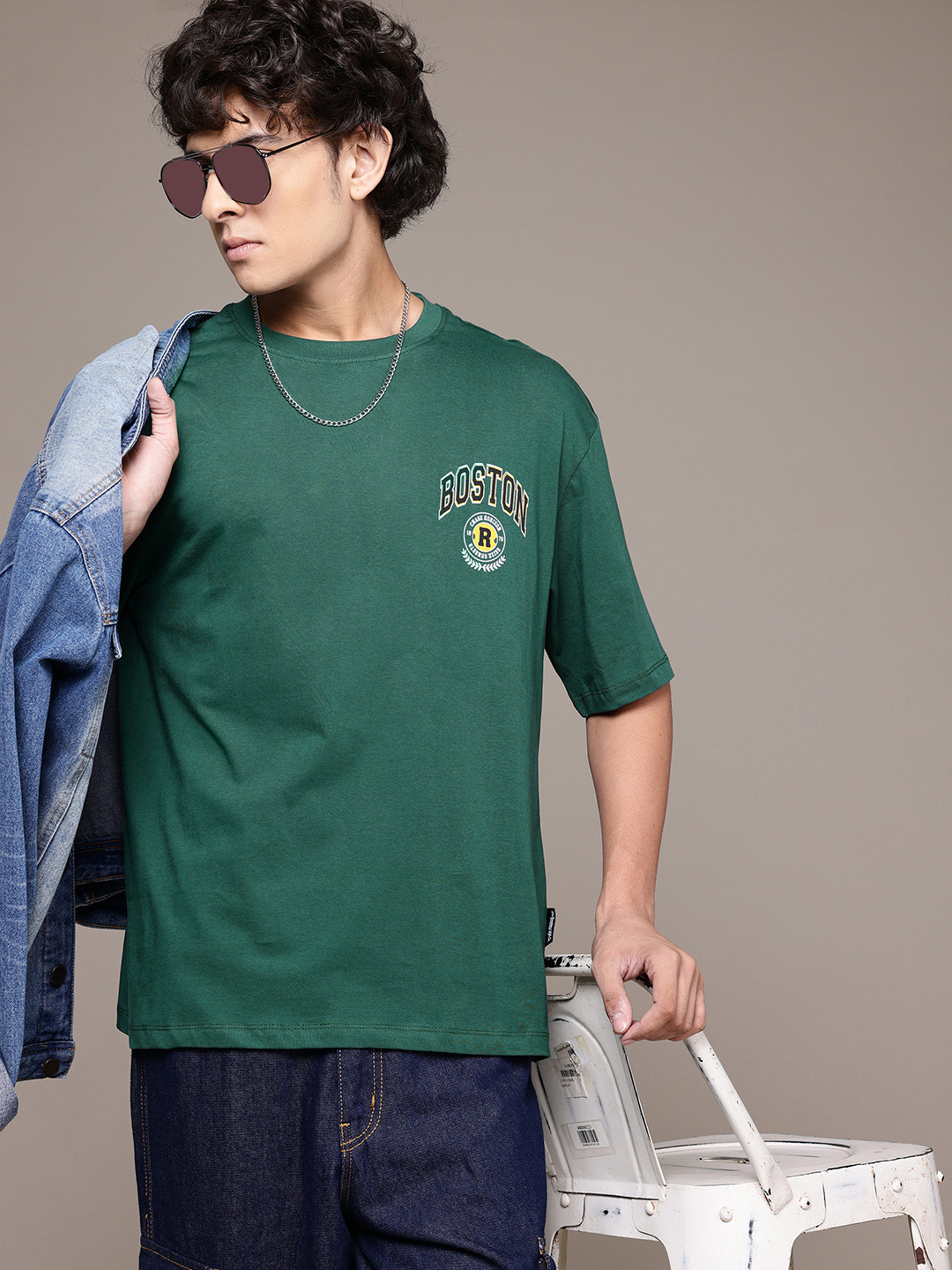

The Roadster Lifestyle Co. Drop-Shoulder Sleeves Pure Cotton Relaxed T-shirt, Green