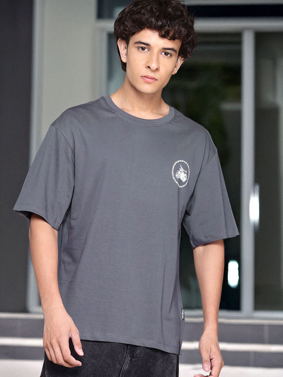 

The Roadster Lifestyle Co. Drop-Shoulder Sleeves Pure Cotton T-shirt, Charcoal