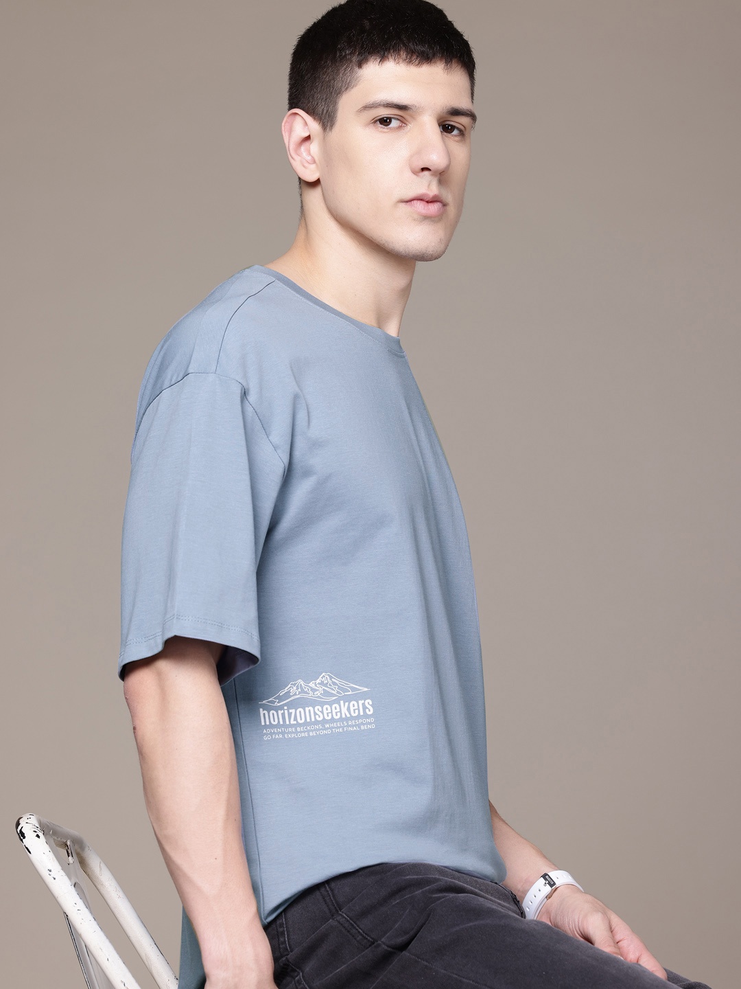 

The Roadster Lifestyle Co. Relaxed-Fit Drop-Shoulder Sleeves Pure Cotton T-shirt, Blue