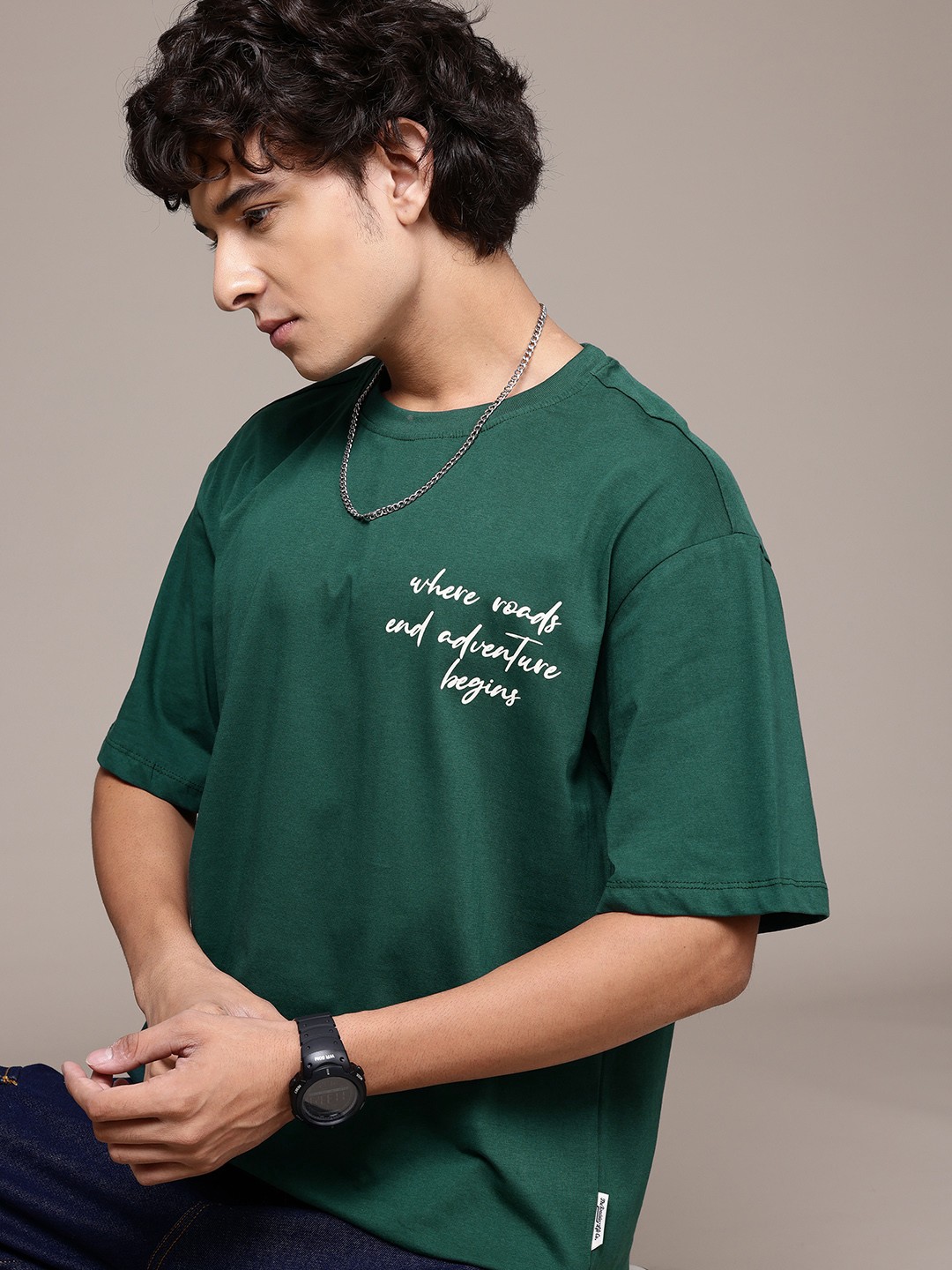 

The Roadster Lifestyle Co. Drop-Shoulder Sleeves Pure Cotton Relaxed T-shirt, Green
