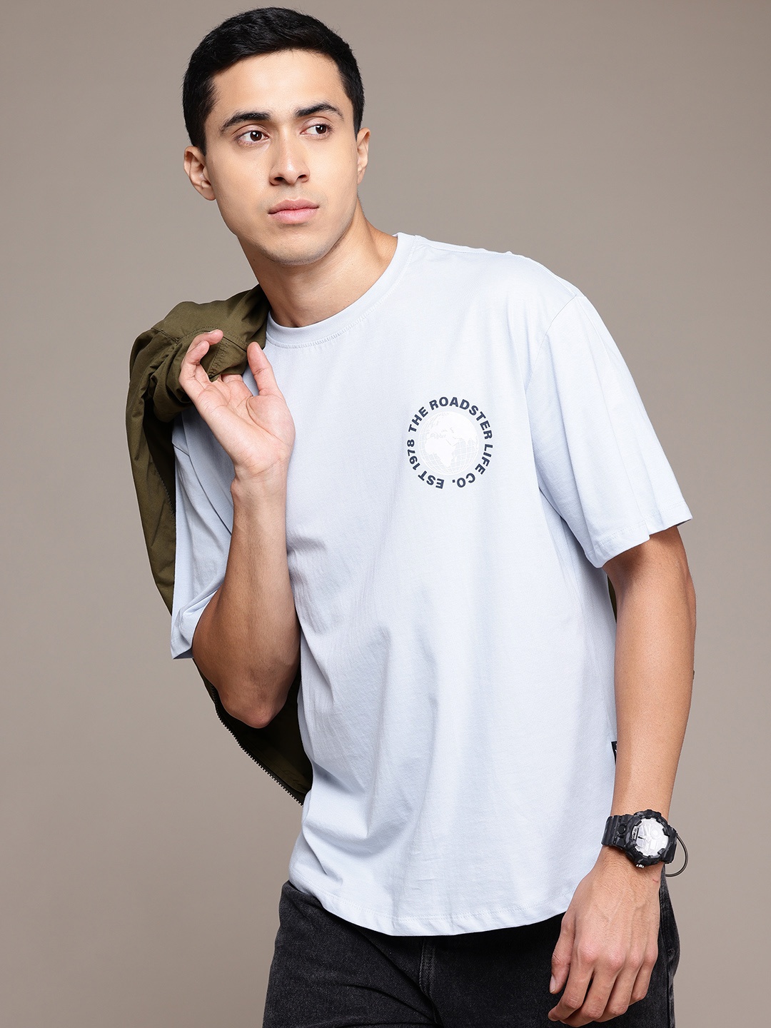 

The Roadster Lifestyle Co. Drop-Shoulder Sleeves Pure Cotton Oversized T-shirt, Blue