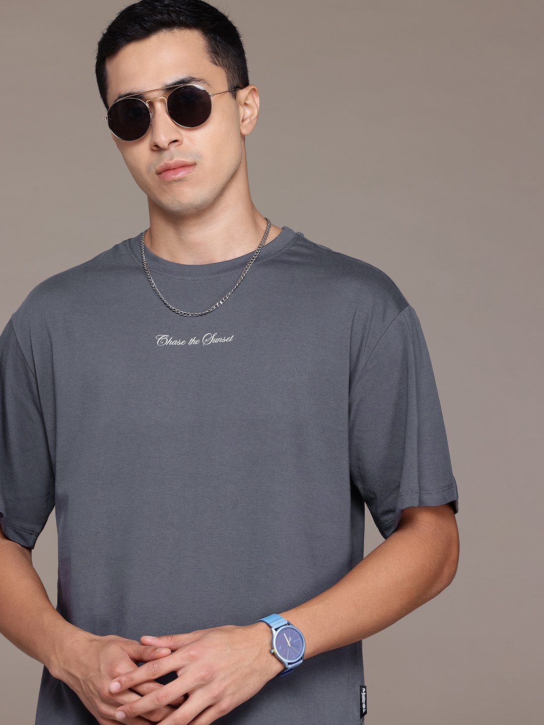 

The Roadster Lifestyle Co. Drop-Shoulder Sleeves Pure Cotton T-shirt, Charcoal