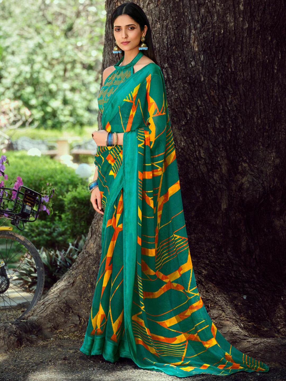 

SANSKAR Pure Chiffon Saree, Green