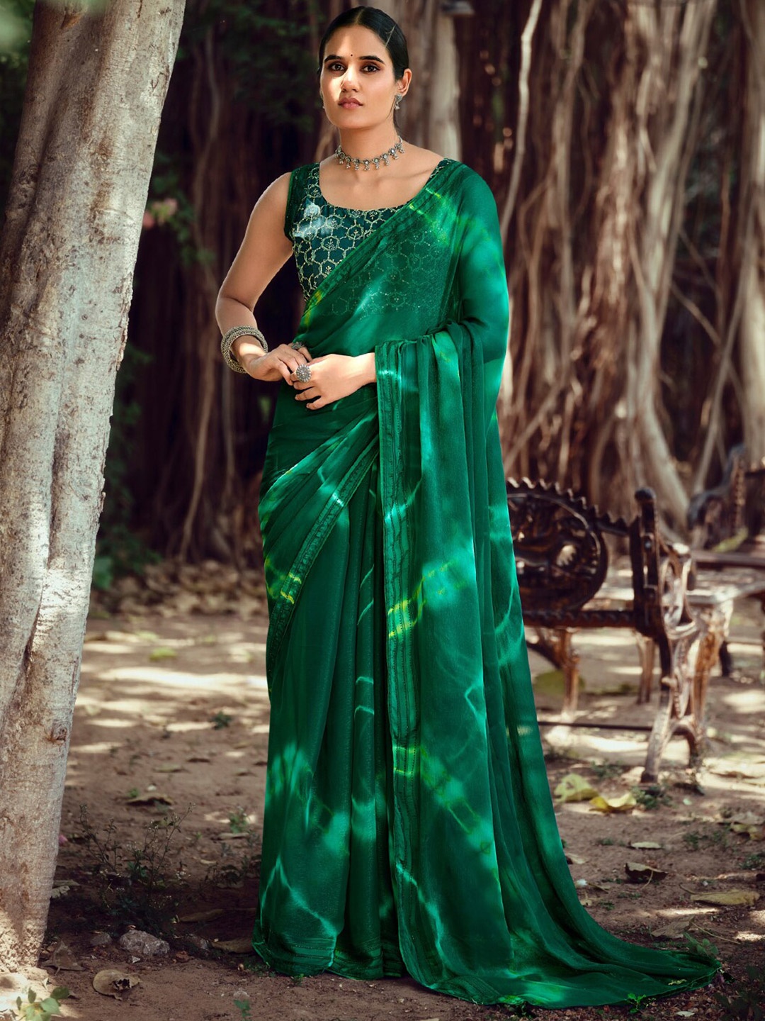 

SANSKAR Tie and Dye Zari Silk Siroski Diamond Work Saree, Green