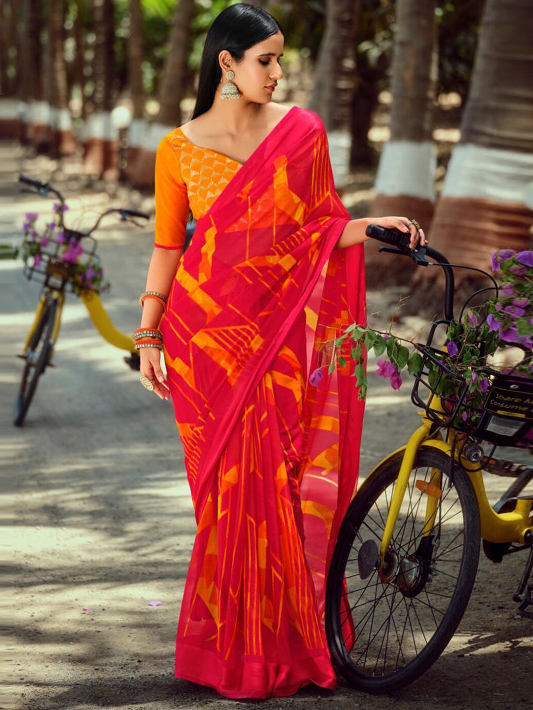 

SANSKAR Pure Chiffon Saree, Red
