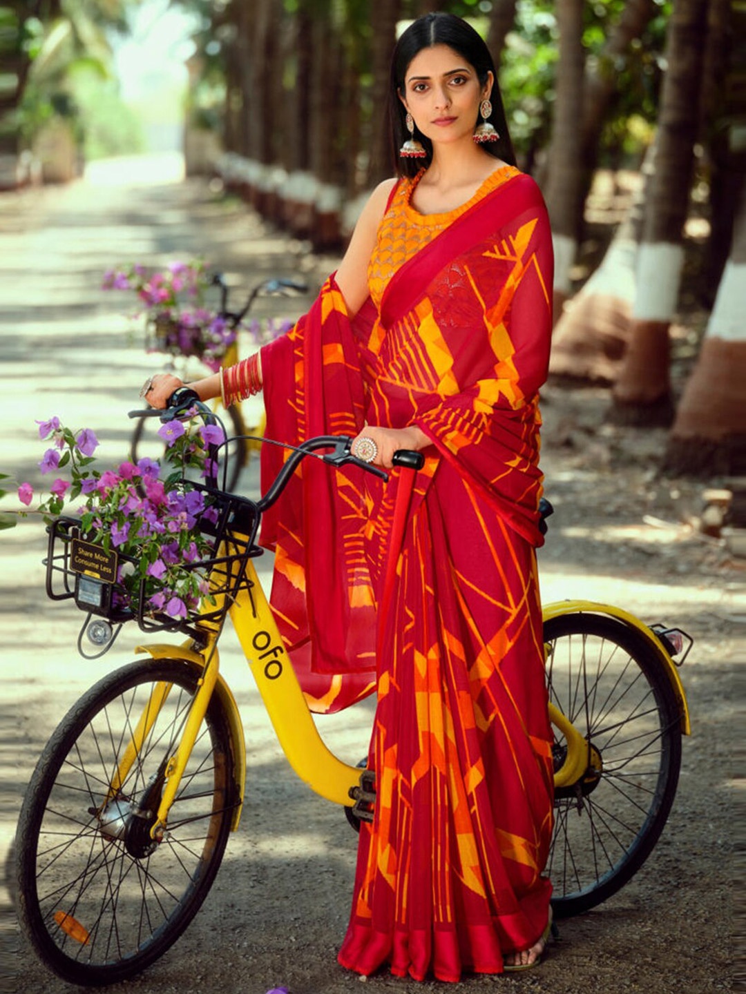 

SANSKAR Abstract Print Pure Chiffon Saree, Red