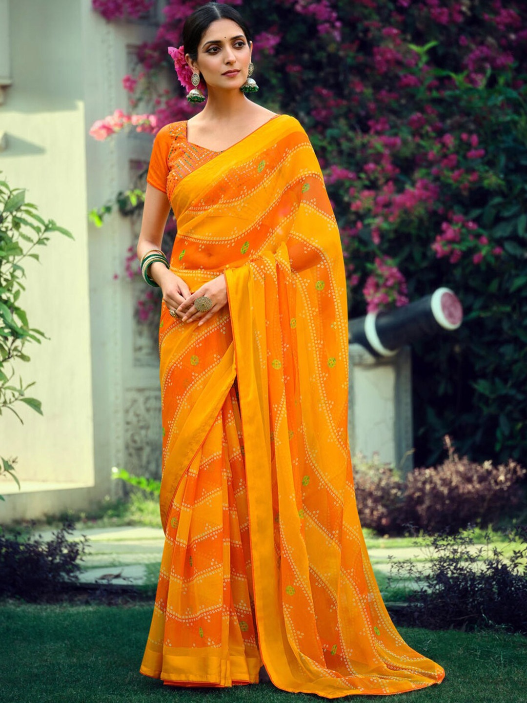 

SANSKAR Bandhani Pure Georgette Saree, Yellow