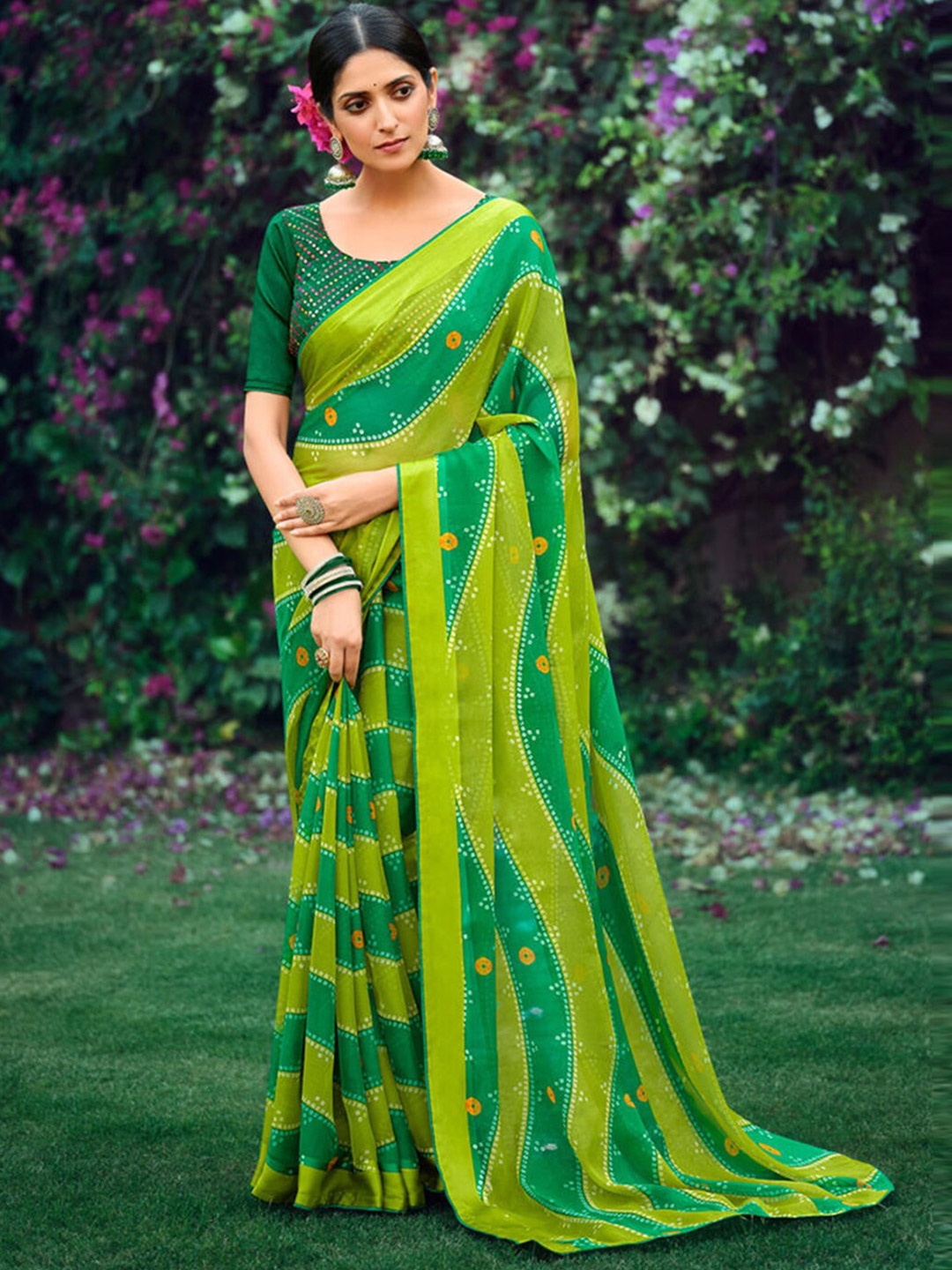 

SANSKAR Bandhani Pure Georgette Saree, Green
