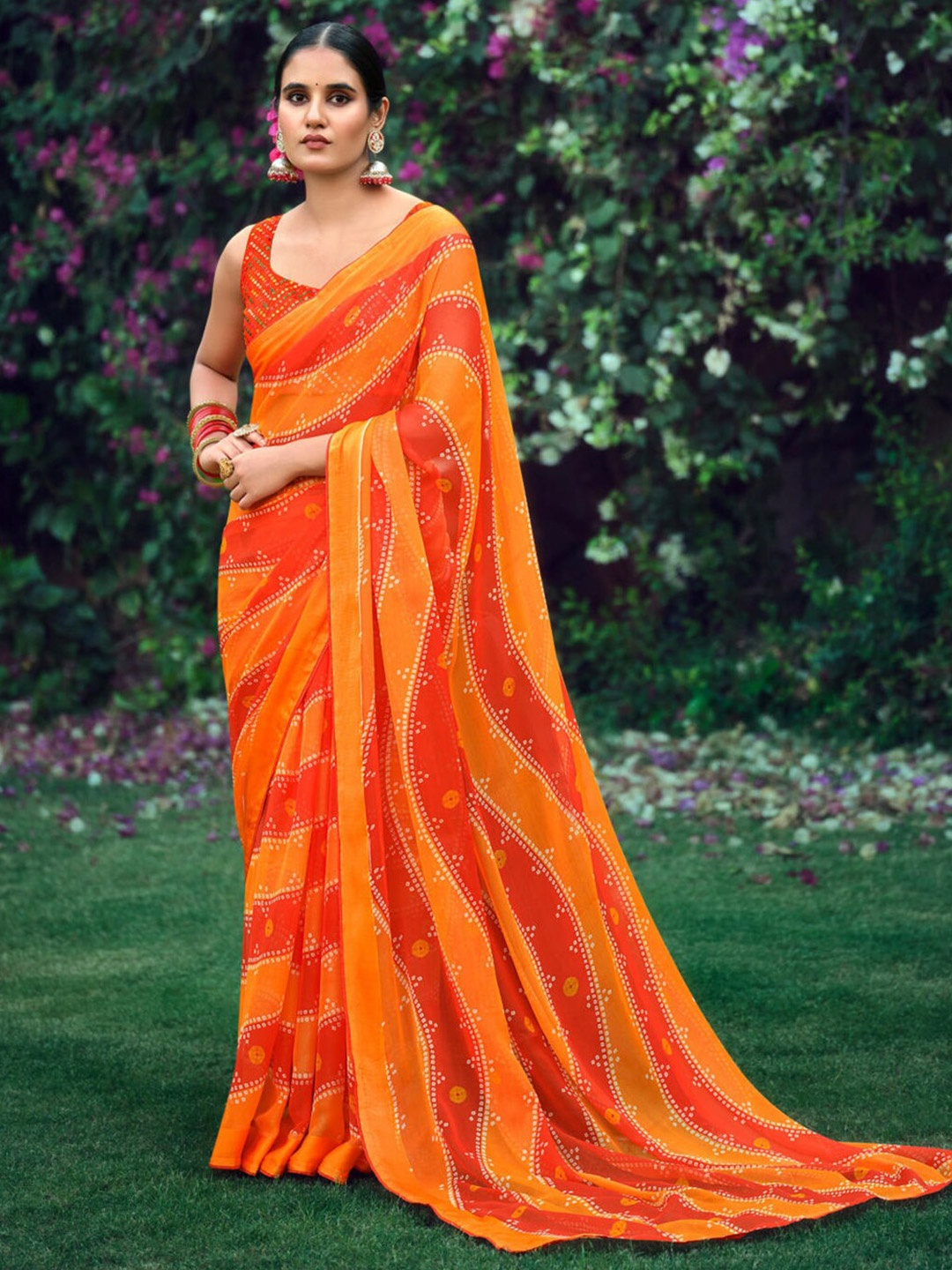 

SANSKAR Bandhani Pure Georgette Saree, Orange