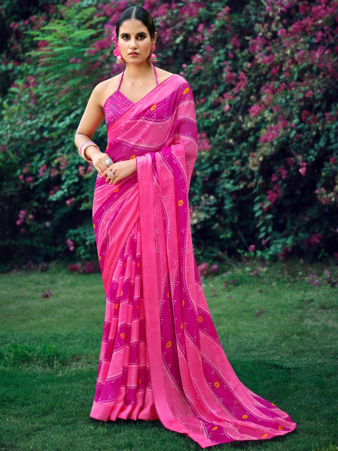

SANSKAR Bandhani Pure Georgette Saree, Pink