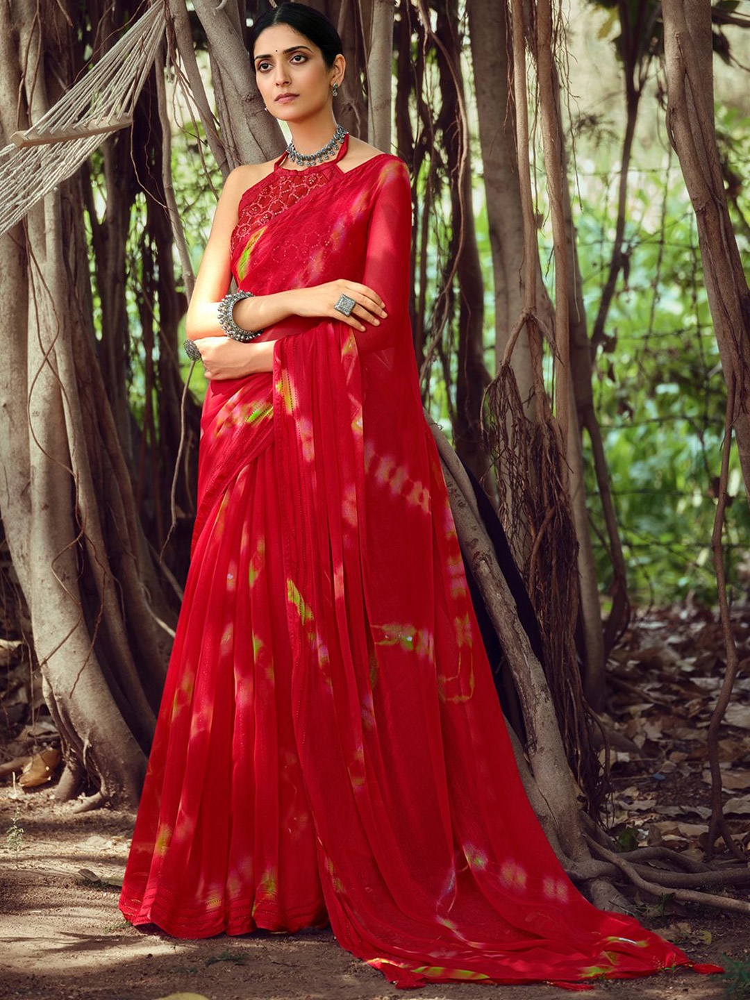 

SANSKAR Tie and Dye Saree, Red