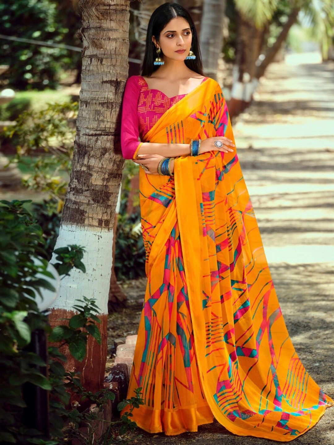 

SANSKAR Pure Chiffon Saree, Yellow