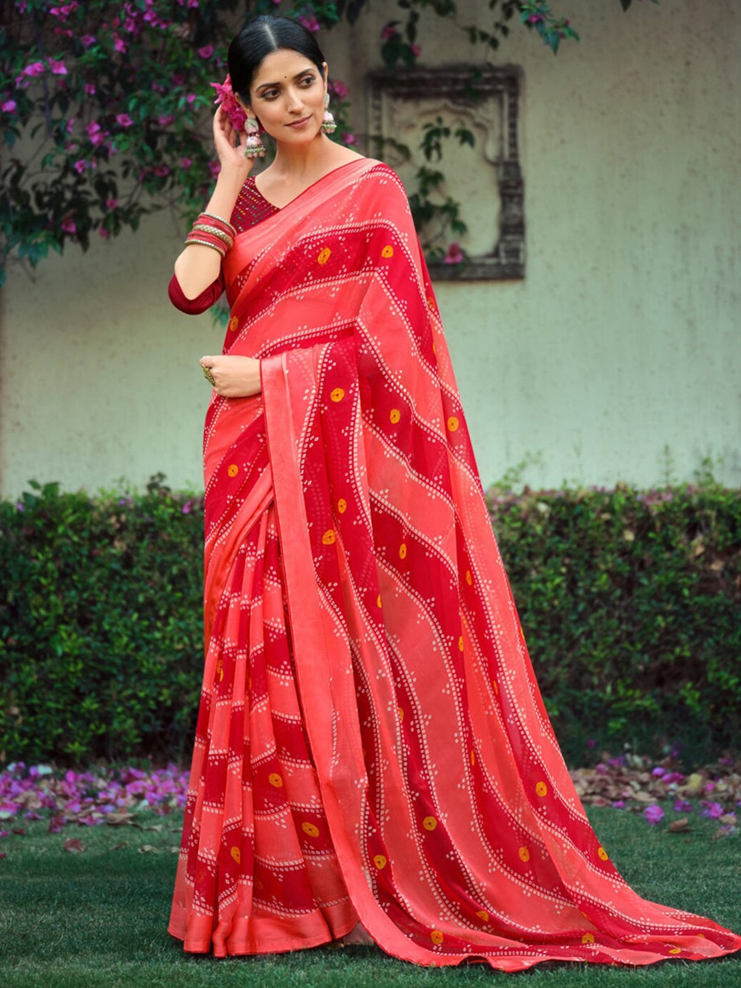 

SANSKAR Bandhani Print Pure Georgette Saree, Peach