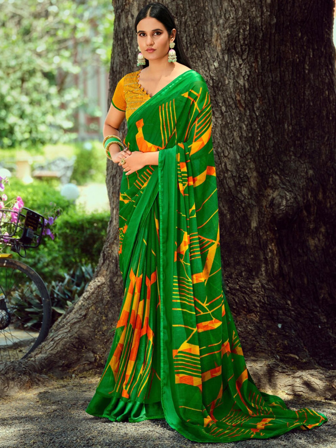 

SANSKAR Pure Chiffon Saree, Green