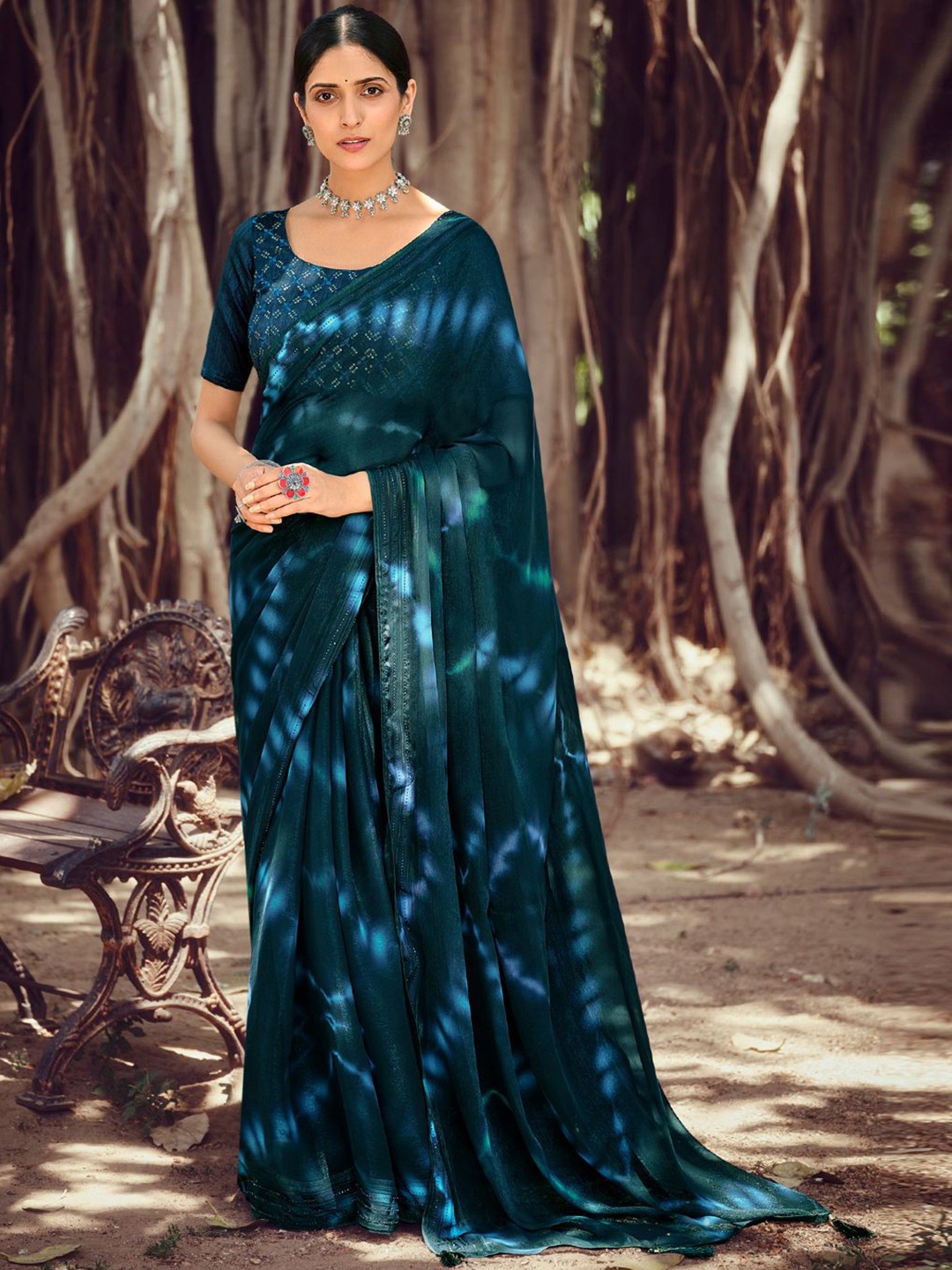 

SANSKAR Tie and Dye Poly Silk Saree, Blue