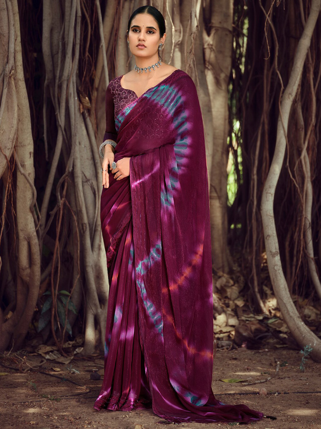 

SANSKAR Tie and Dye Beads and Stones Saree, Purple