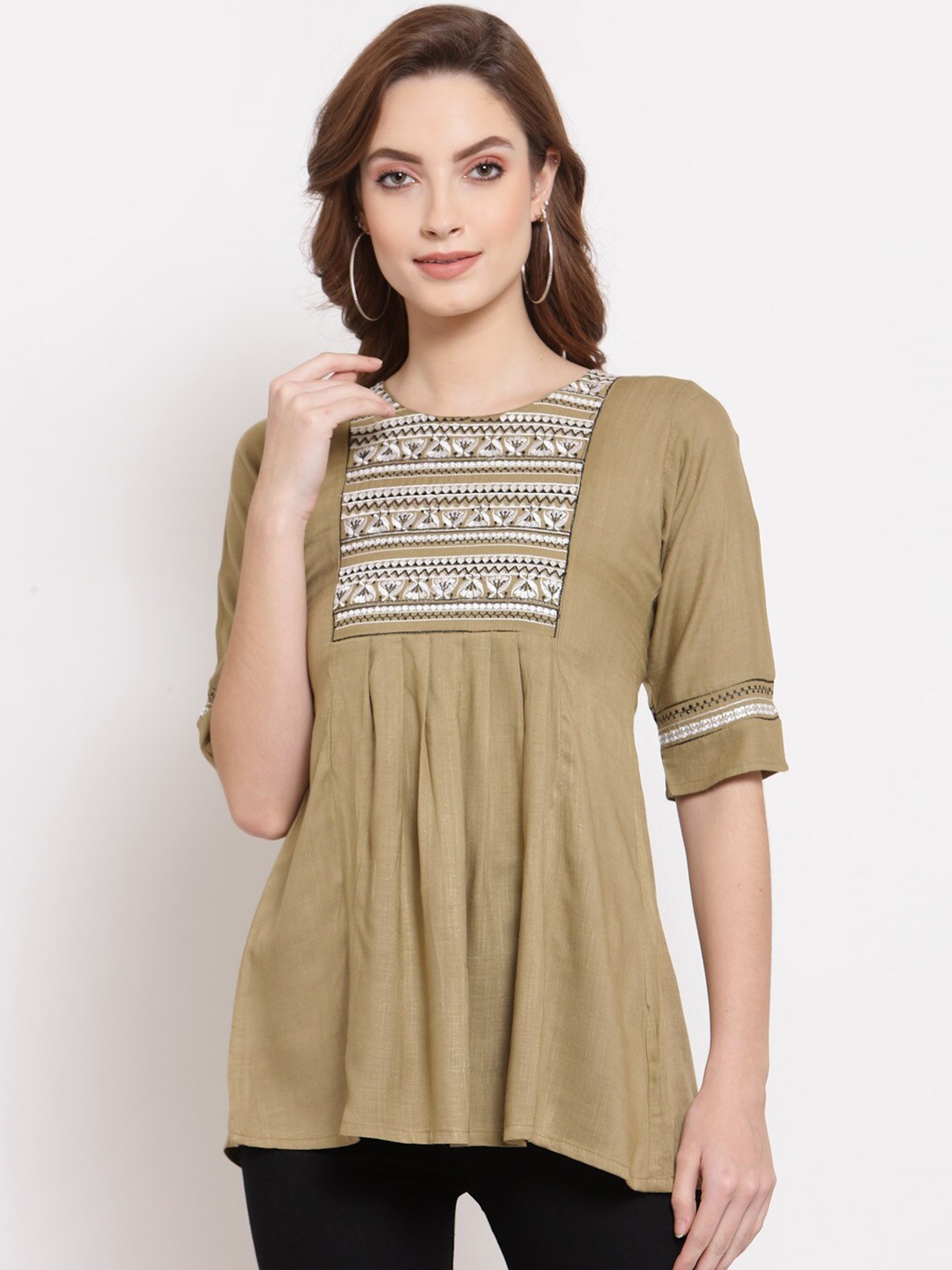 

KALINI Geometric Embroidered Round Neck Gathered Tunic, Beige