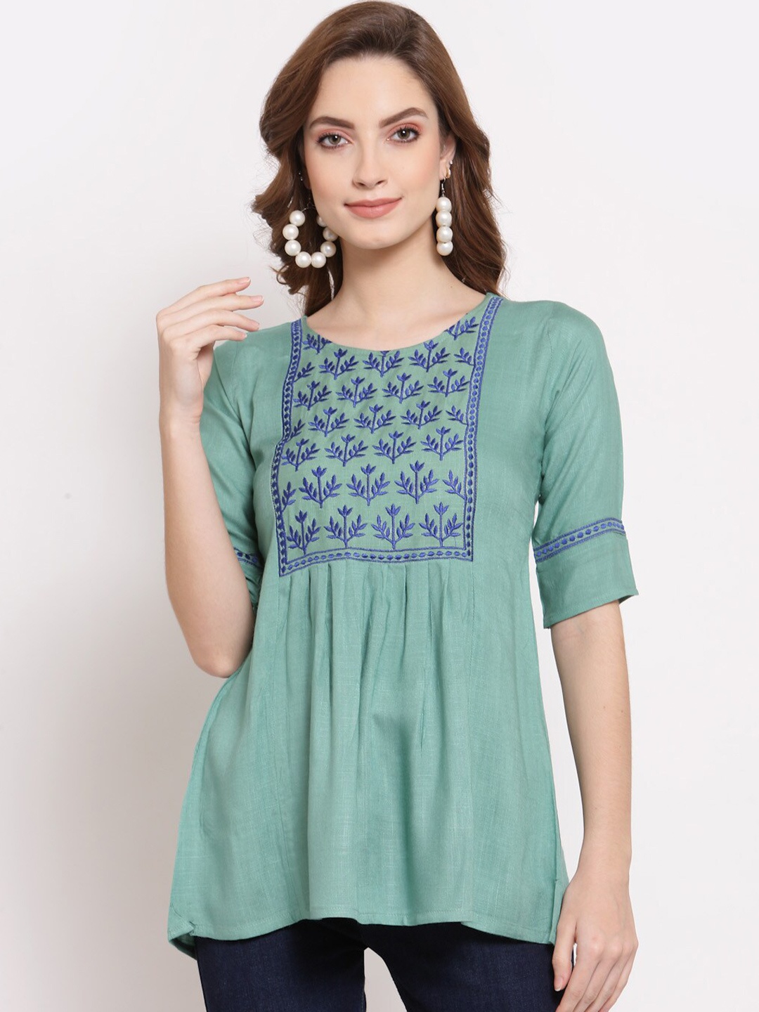 

KALINI Geometric Embroidered Round Neck Gathered Tunic, Turquoise blue