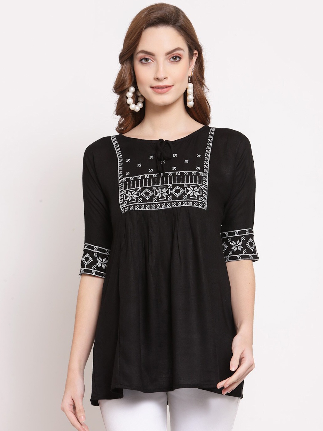 

KALINI Geometric Embroidered Tie-Up Neck Gathered Tunic, Black