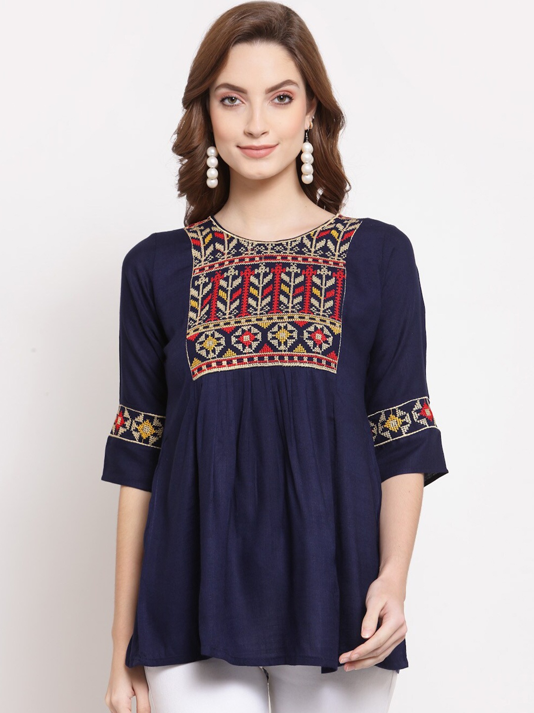 

KALINI Geometric Embroidered Round Neck Gathered Tunic, Blue