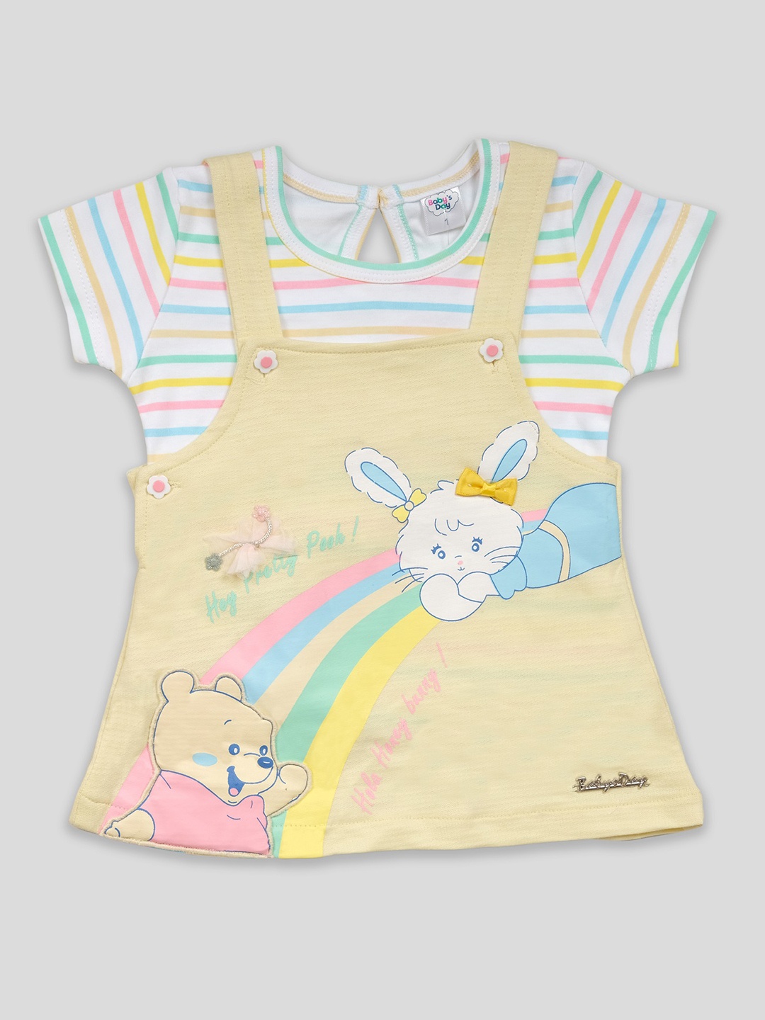 

Babys Day Infant Girls Printed Cotton Dungaree & T-shirt With Panty, Beige