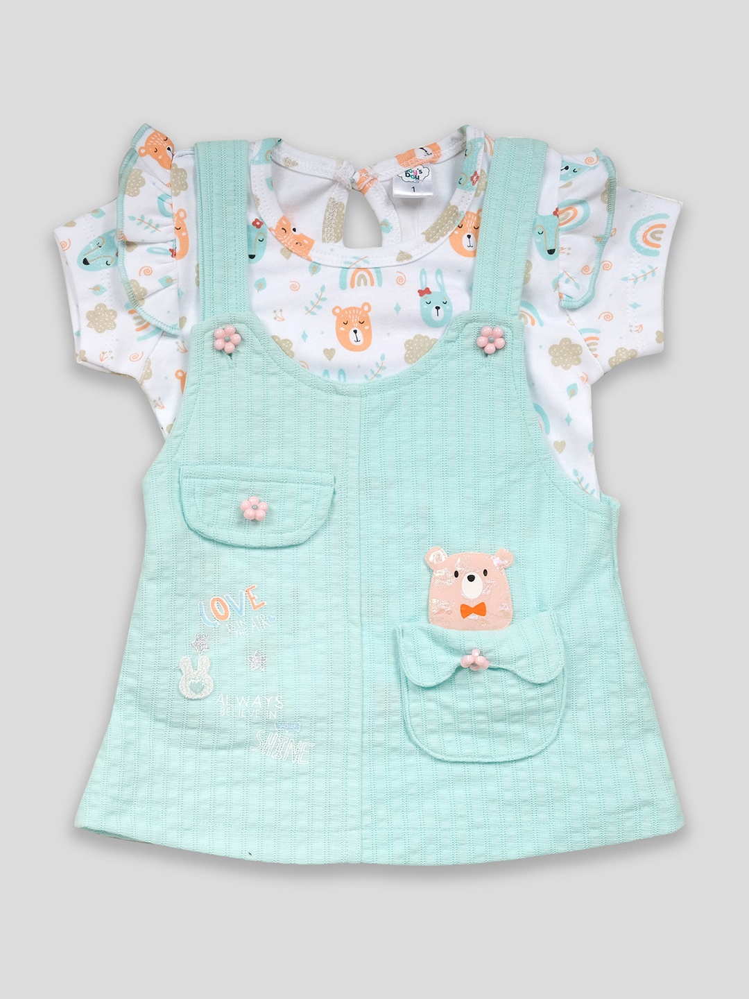 

Babys Day Infant Girls Printed Cotton Dungaree With Printed Top, Turquoise blue