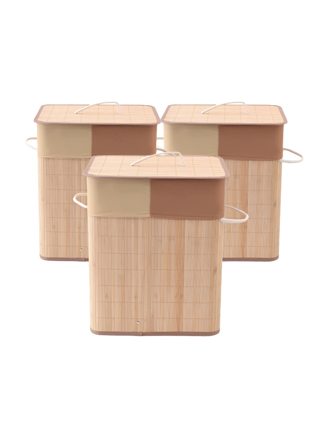 

Savya Home Beige & Brown 3 Pieces Textured Bamboo Foldable Laundry Baskets With Lid