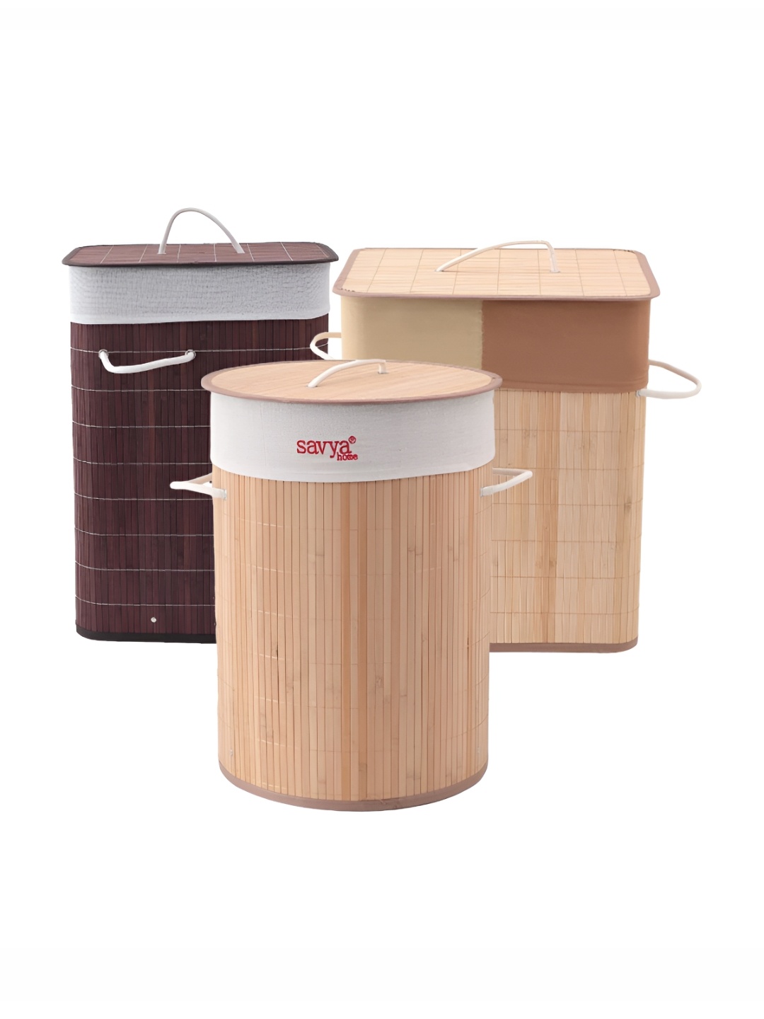 

Savya Home Beige & Brown 3 Pieces Textured Bamboo Foldable Laundry Basket With Lid