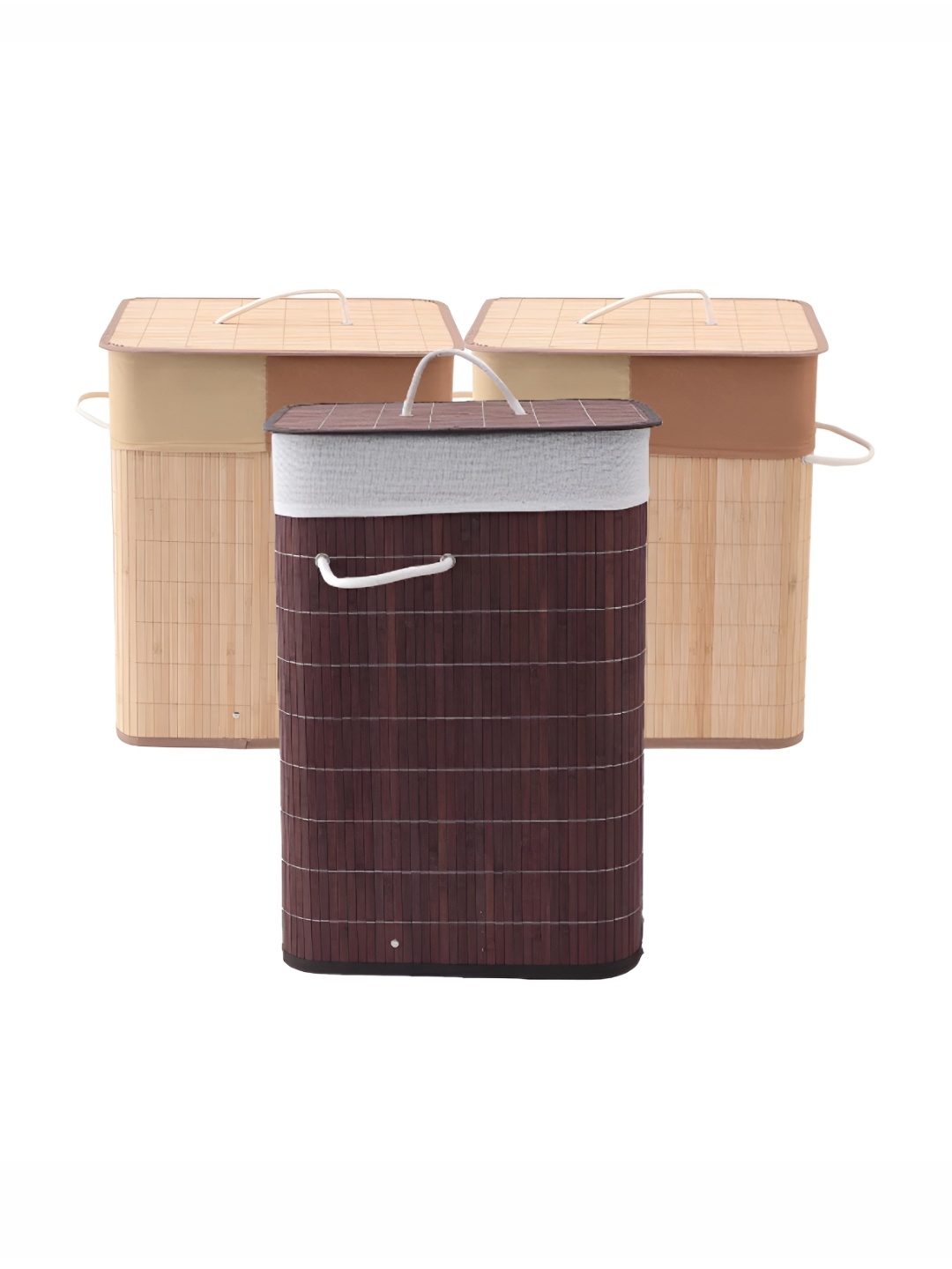 

Savya Home Beige & Brown 3 Pieces Textured Bamboo Foldable Laundry Baskets With Lid