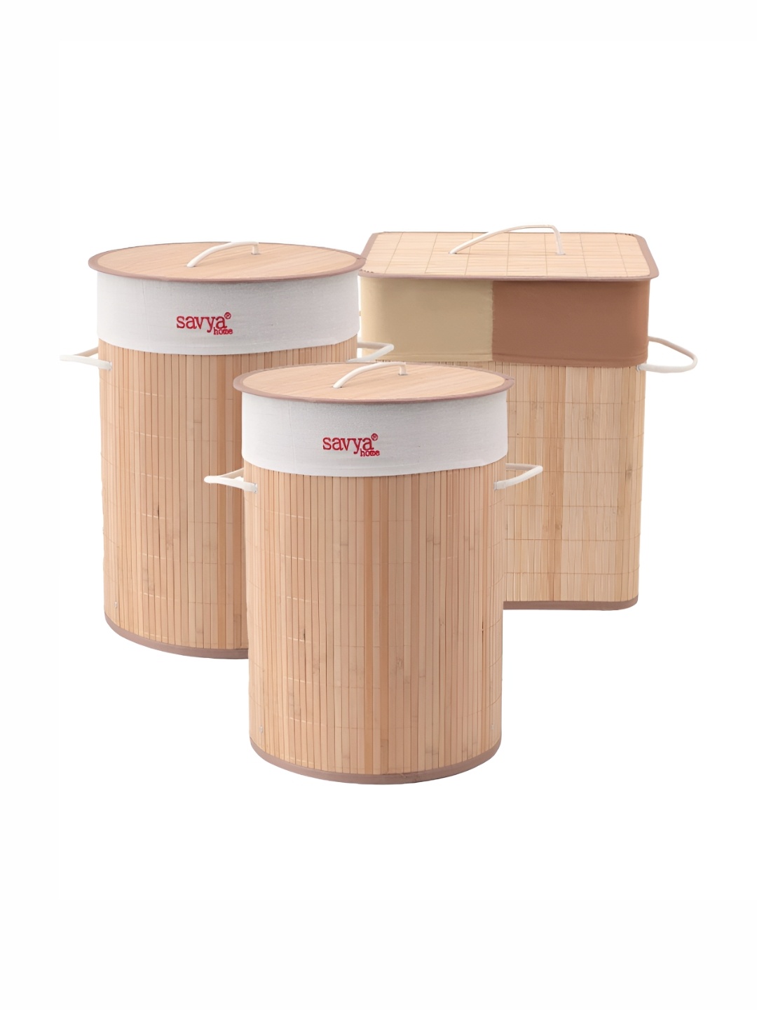 

Savya Home Beige & Brown 3 Pieces Textured Bamboo Foldable Laundry Baskets With Lid